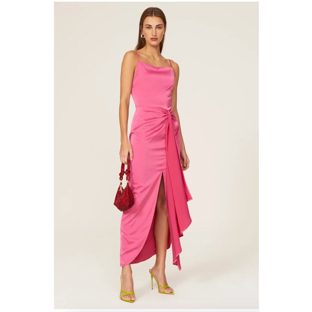 Elle Zeitoune Dress Womens X Small Pink Patrice‎ Draped Satin Midi Slit Front